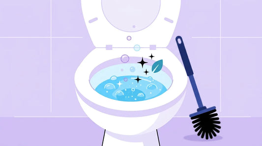 Close-up of a pink mineral ring forming at the waterline inside a toilet bowl