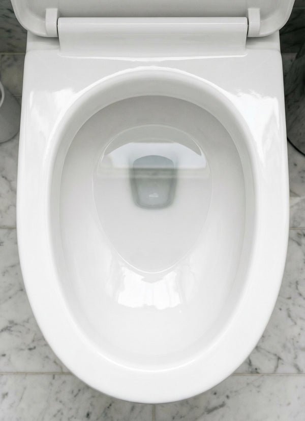 Toilet bowl after LAVO — clean white bowl with vivid blue water, no ring