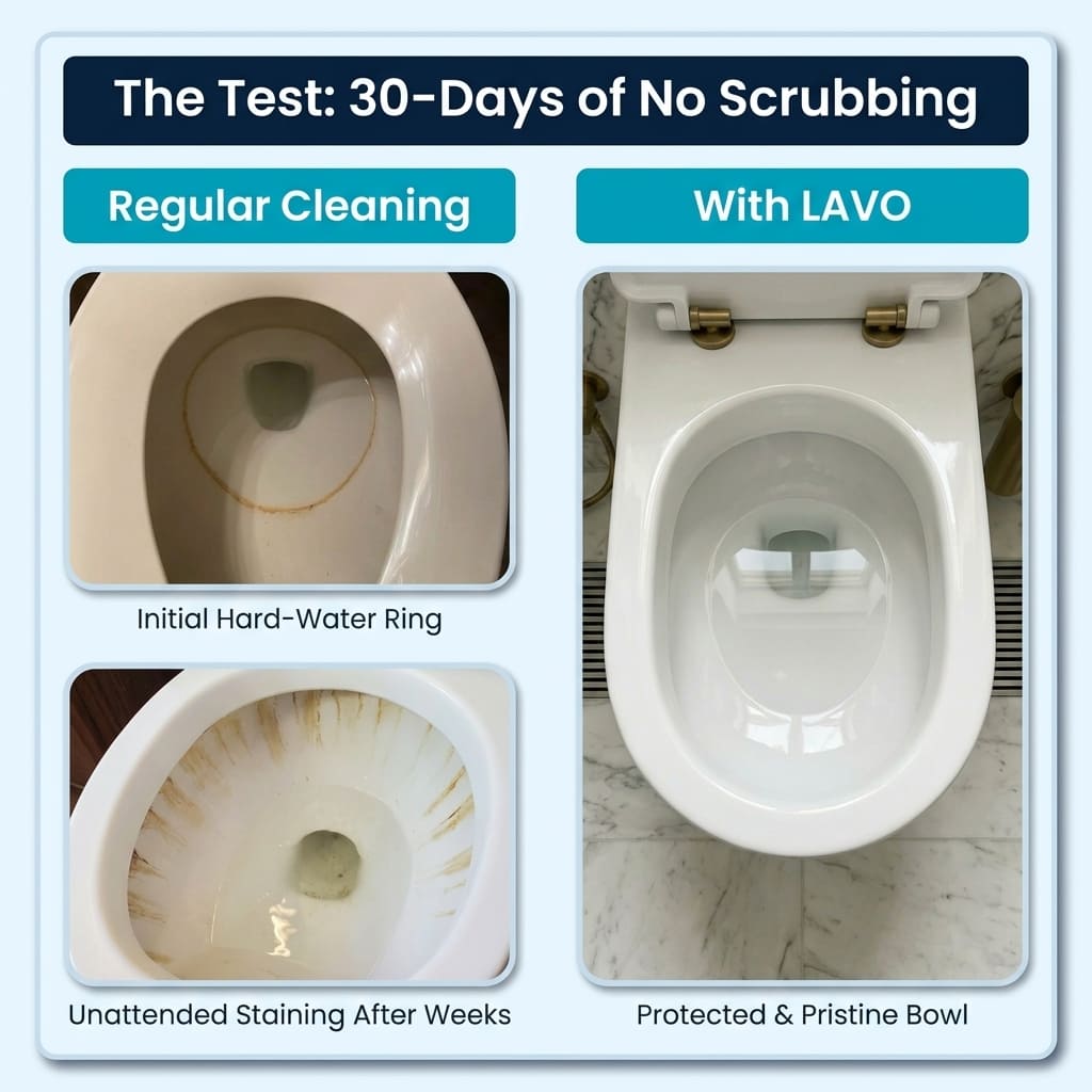 Toilet bowl before and after using LAVO automatic in-tank cleaner pod