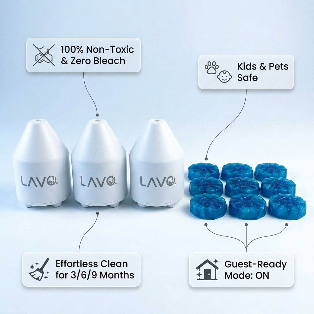 LAVO toilet care pod benefits - hard water stain prevention and brushless cleaning