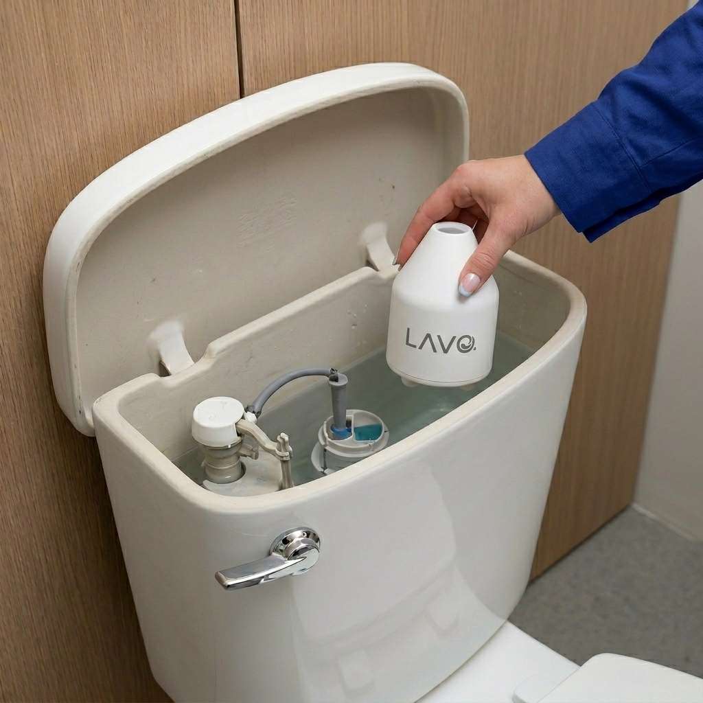 LAVO brushless toilet pod being dropped into toilet tank for automatic cleaning