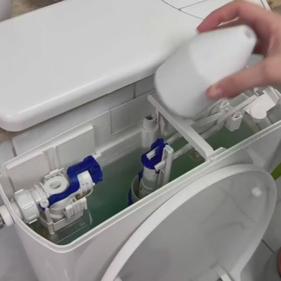 Video Demonstration of the LAVO Pod being dropped into a toilet tank and preventing hard water stains and limescale and toilet rings for months.
