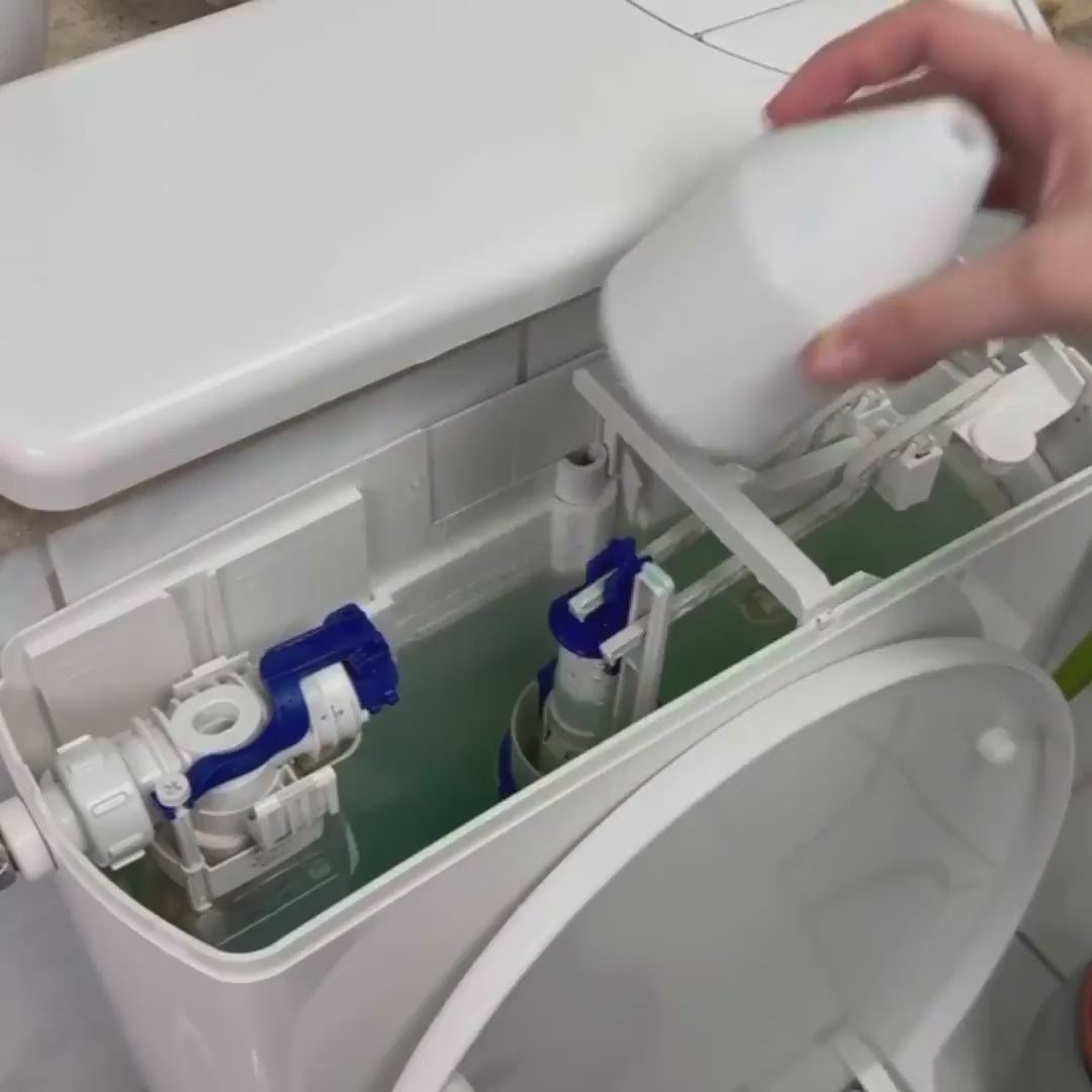 Video Demonstration of the LAVO Pod being dropped into a toilet tank and preventing hard water stains and limescale and toilet rings for months.